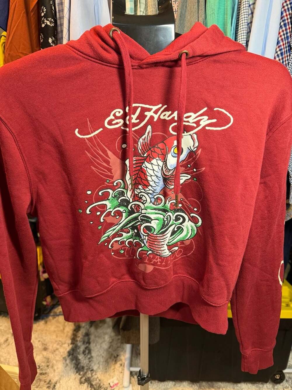 Ed Hardy Koi Fish Cropped Hoodie Size L Red Wine Y2K